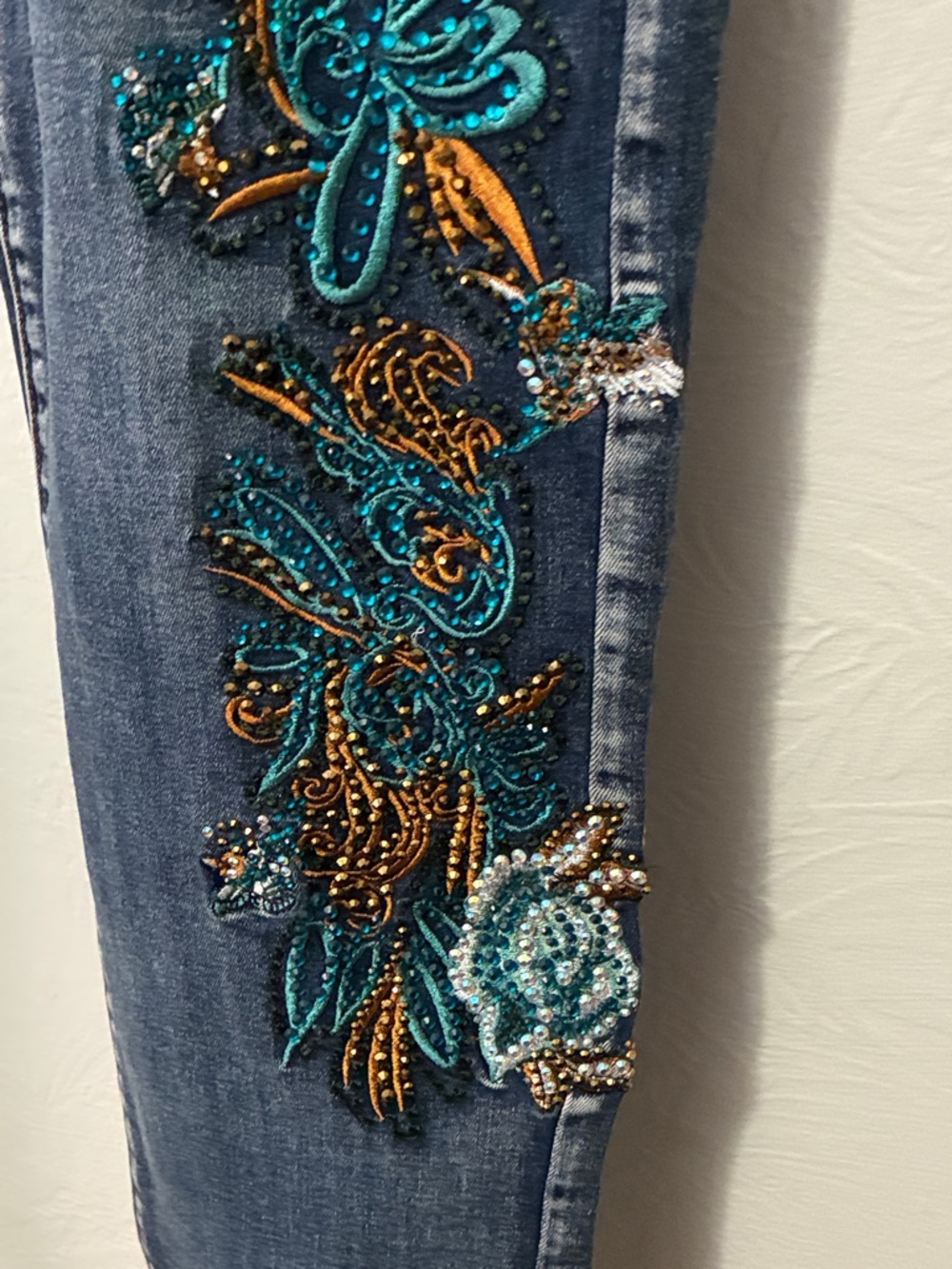 Juliette Embellished Dark Blue Jeans with Teal & Bronze Floral Detail - Picture 6 of 11